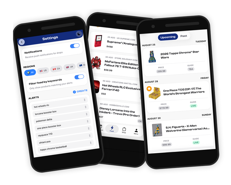 CollectSavy app showing release feed, alerts, and upcoming drops