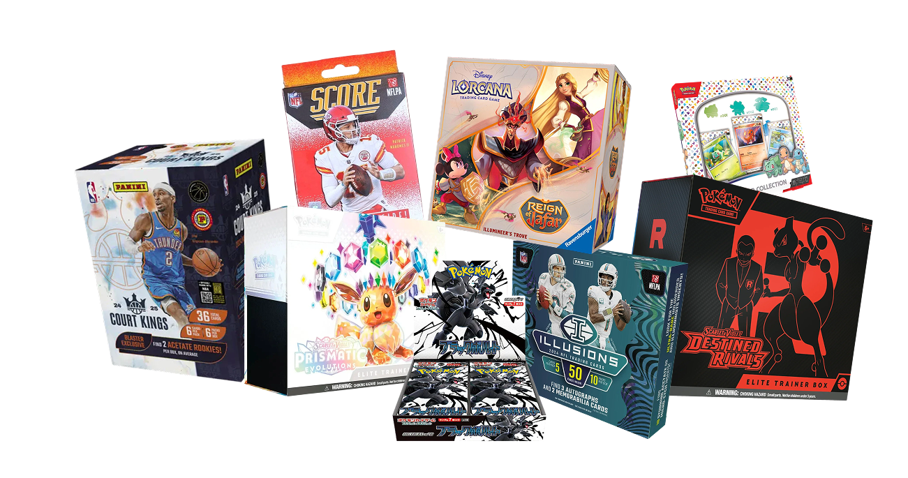 A collection of popular collectibles including Pokemon, Panini, Disney Lorcana, and more